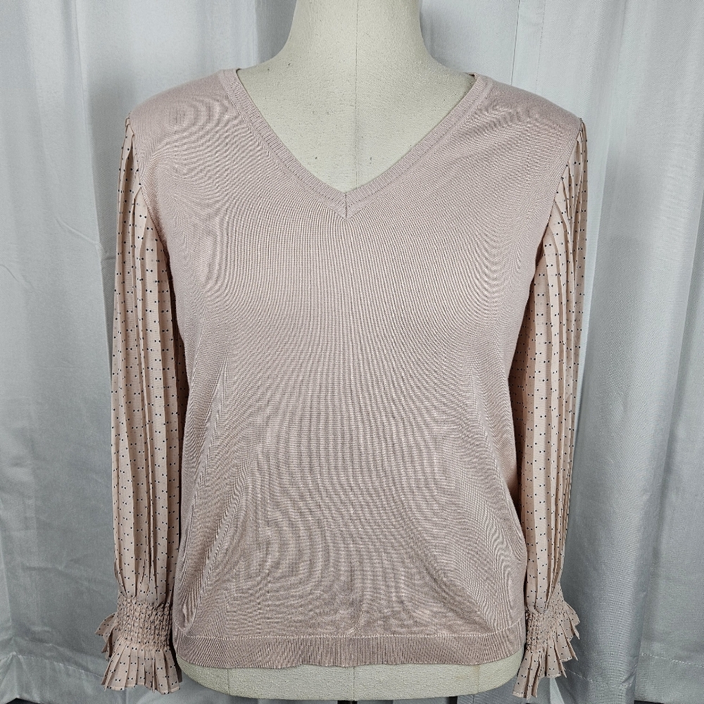 Adrianna Papell Dusty Pink V-Neck Sweater with Sheer Dot Sleeves Medium